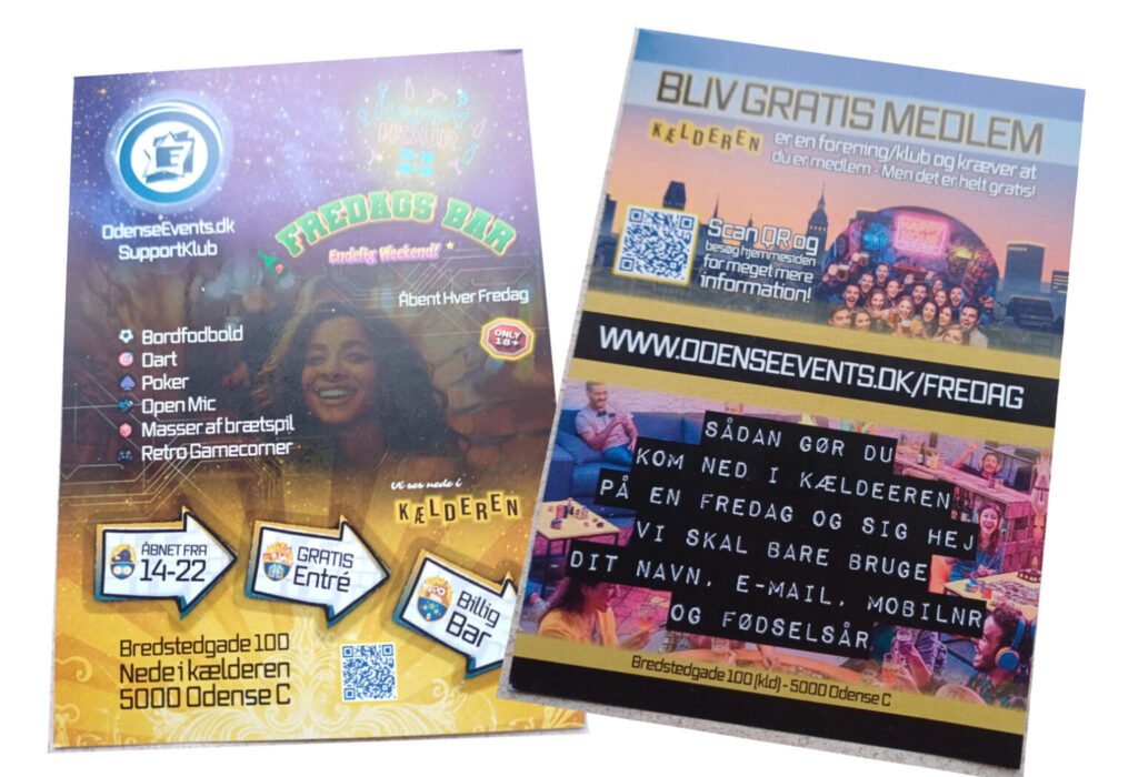 Flyers til Fredagsbaren i Kælderen på bredstedgade i Odense